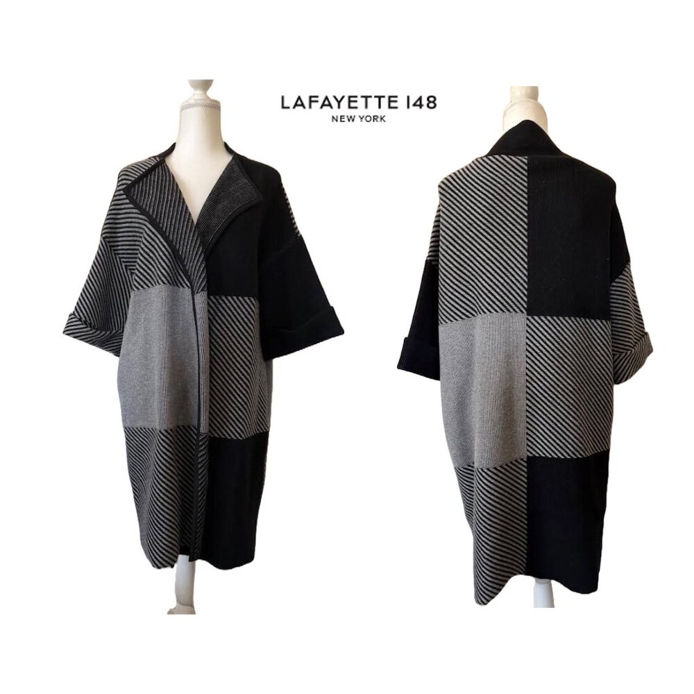 $1898 Lafayette 148 NY Women M/L GEO Wool Pocket Knit Long Jacket Coat Cardigan